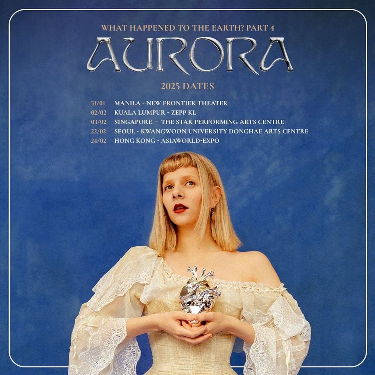 Singer AURORA posing with a metal heart, dates for Asia leg of tour above her head