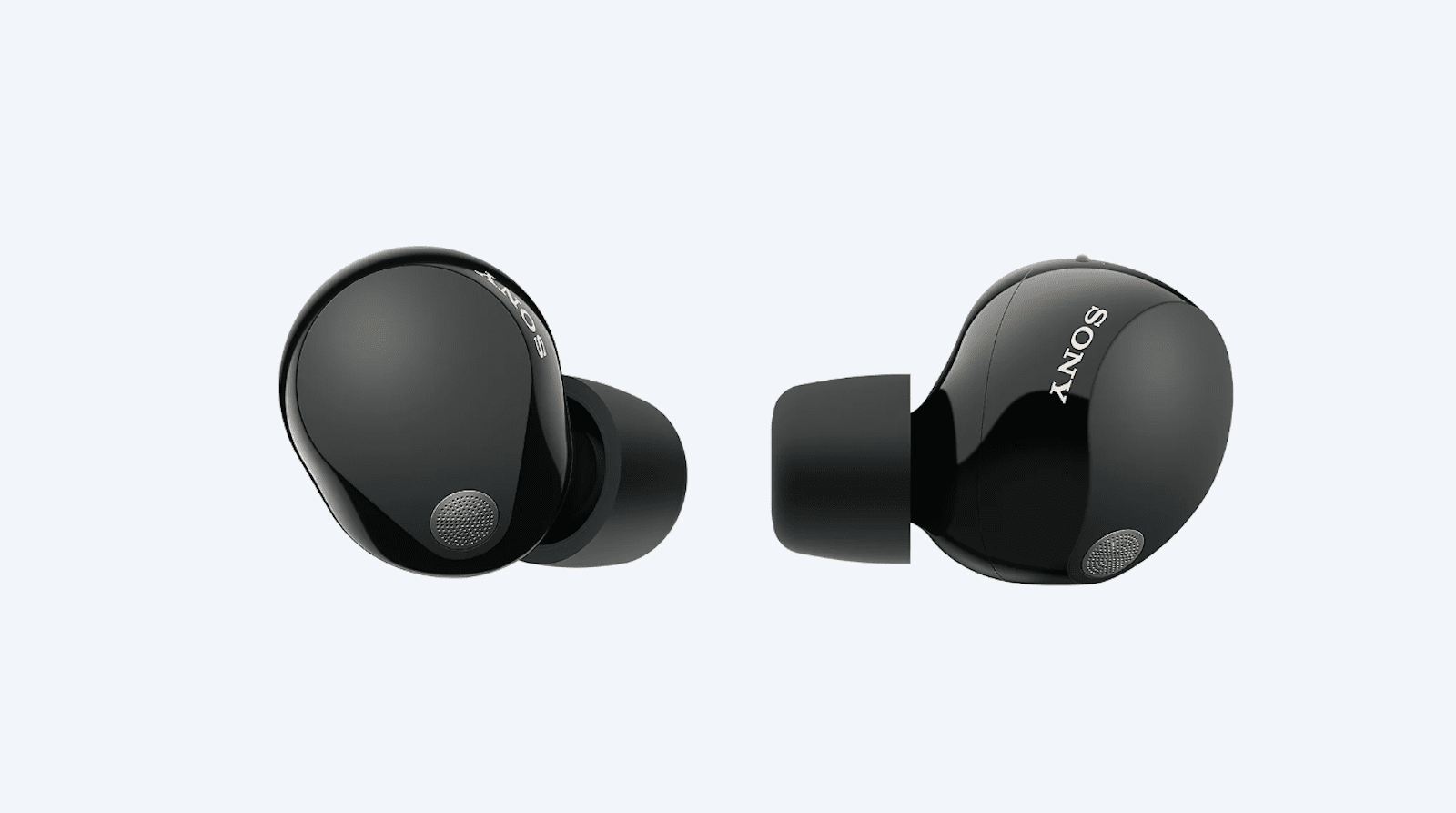 Two small, black earbuds (brand: Sony WF-1000XM5 Noise-Canceling Earbuds) against a white backdrop