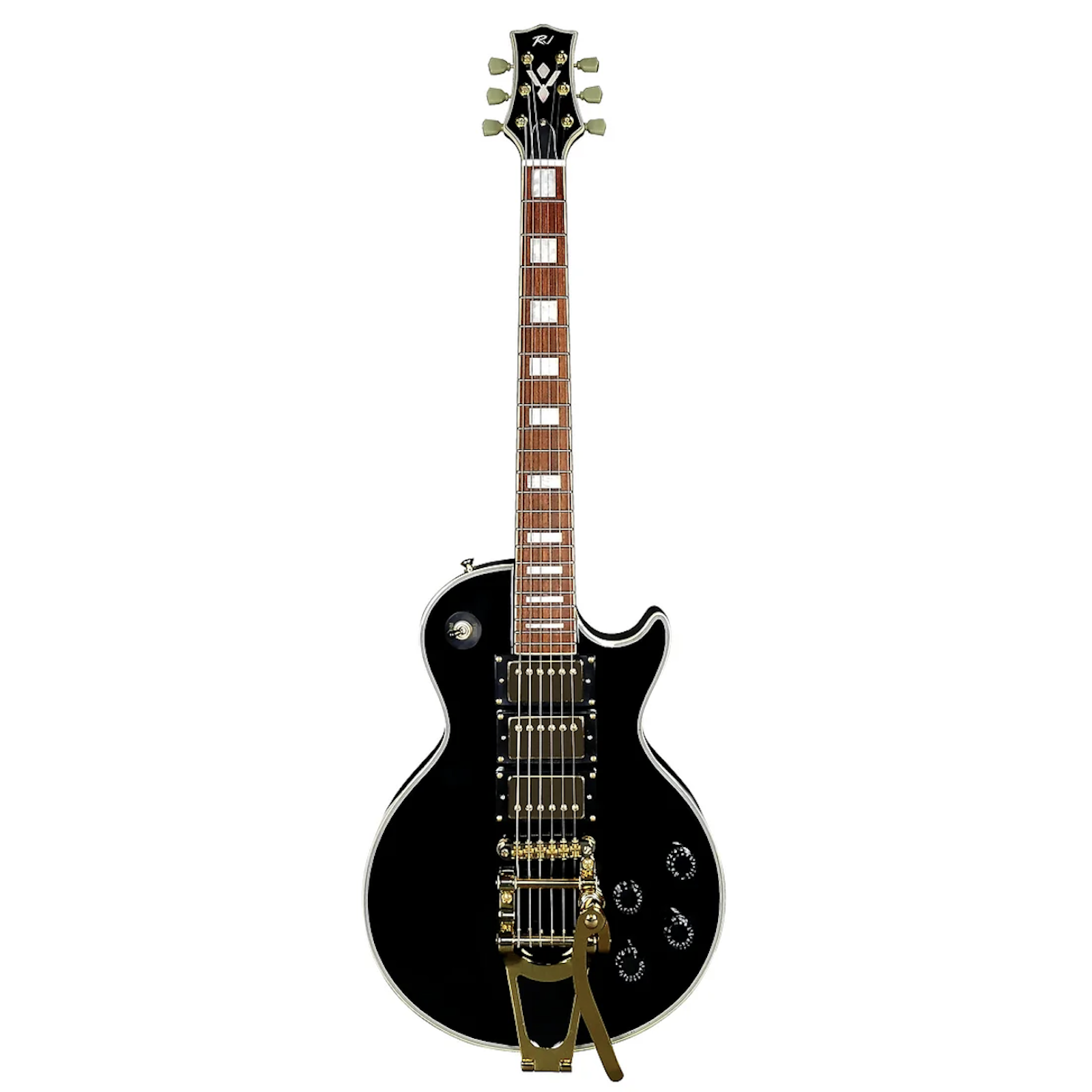 A black electric guitar (brand: RJ Professional Electrics - Bluesbreaker Deluxe Ltd (Black Beauty)) standing upright against a white background