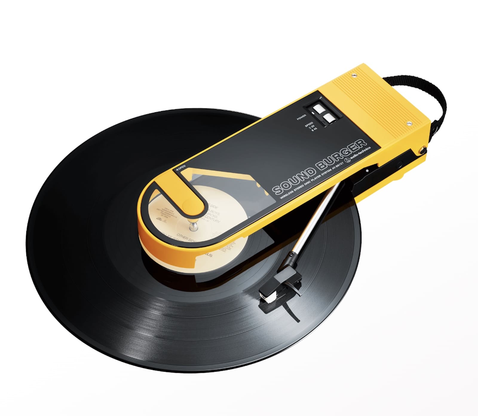 A small yellow portable turntable (Audio-Technica AT-SB727 Sound Burger Portable Bluetooth Turntable) with a vinyl record in place, against a white background