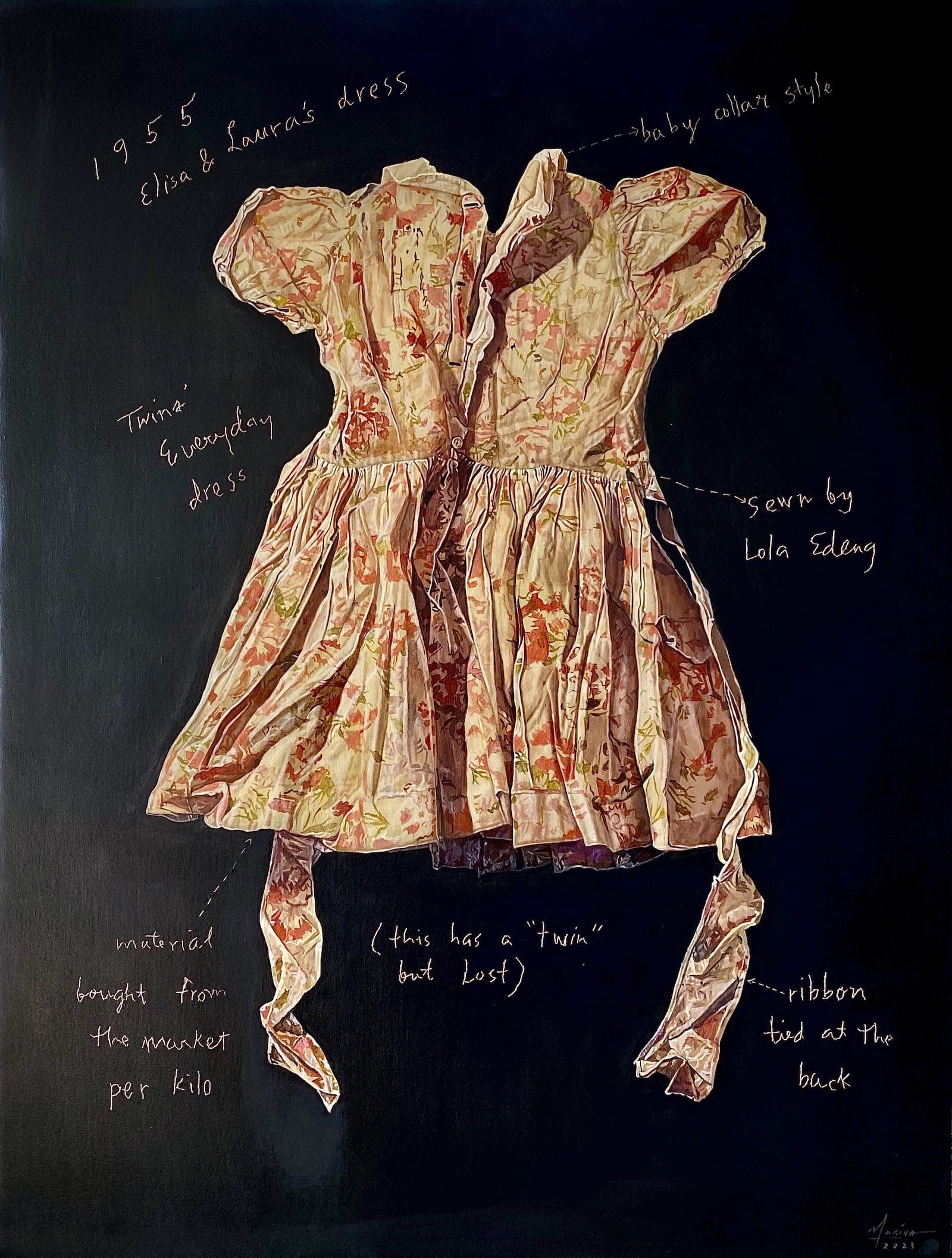 marina cruz painting of a dress with inscriptions on black background
