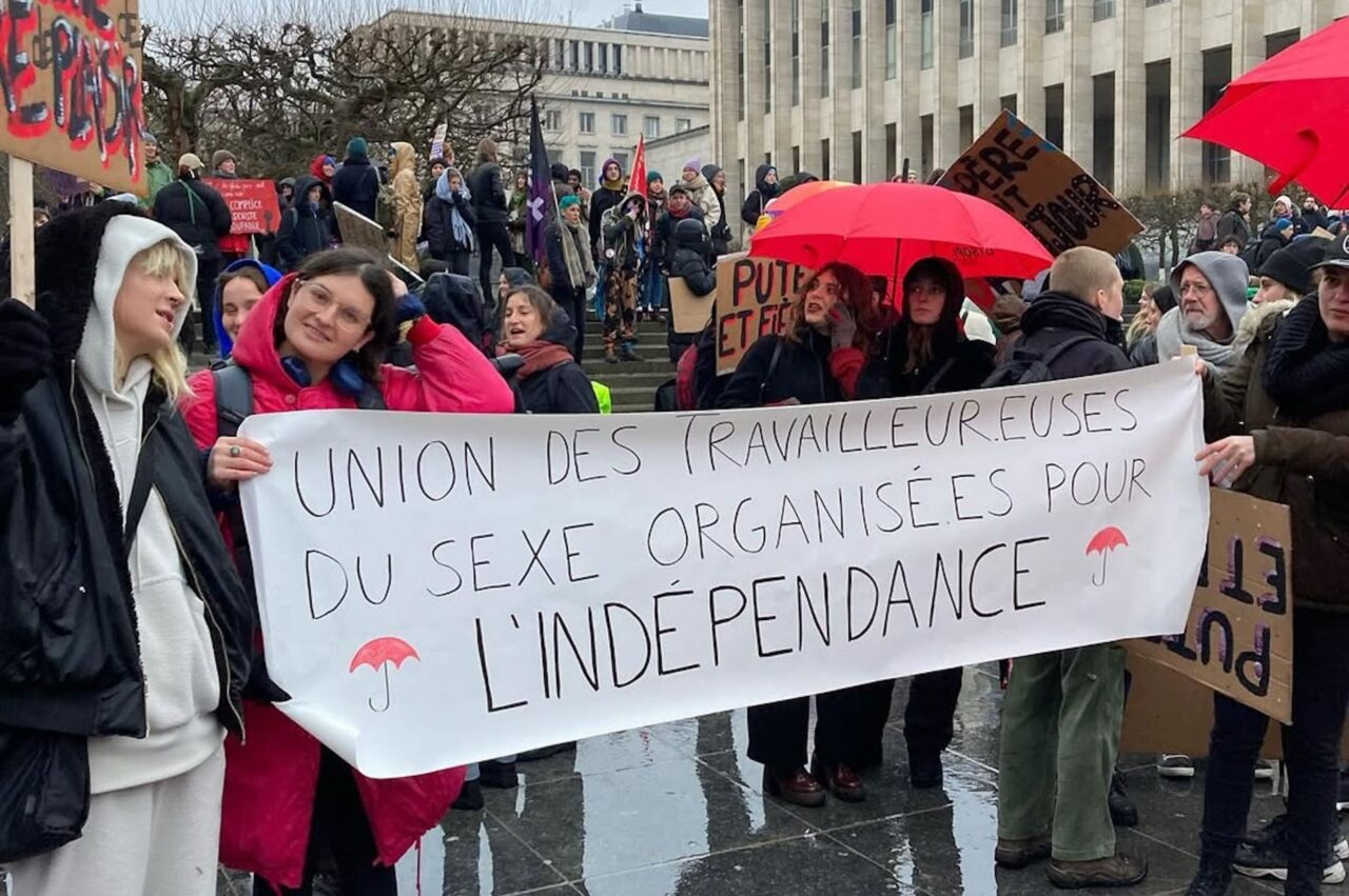 Members of UTSOPI, the Belgian union of sex workers organized for independence, at a mobilization for sex workers’ rights on March 8, 2024. Photo from UTSOPI on Instagram