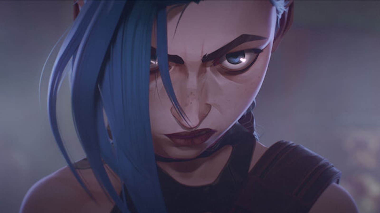 A blue-haired individual frowns at the camera