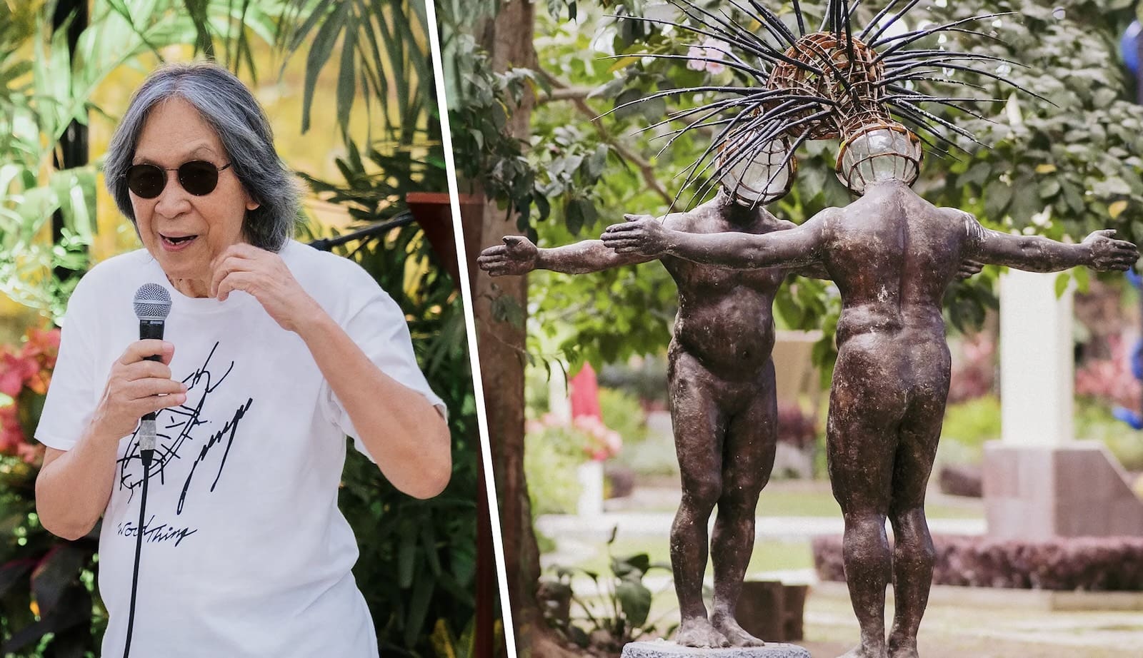 An older man speaking into a microphone as he presents his new sculptures.