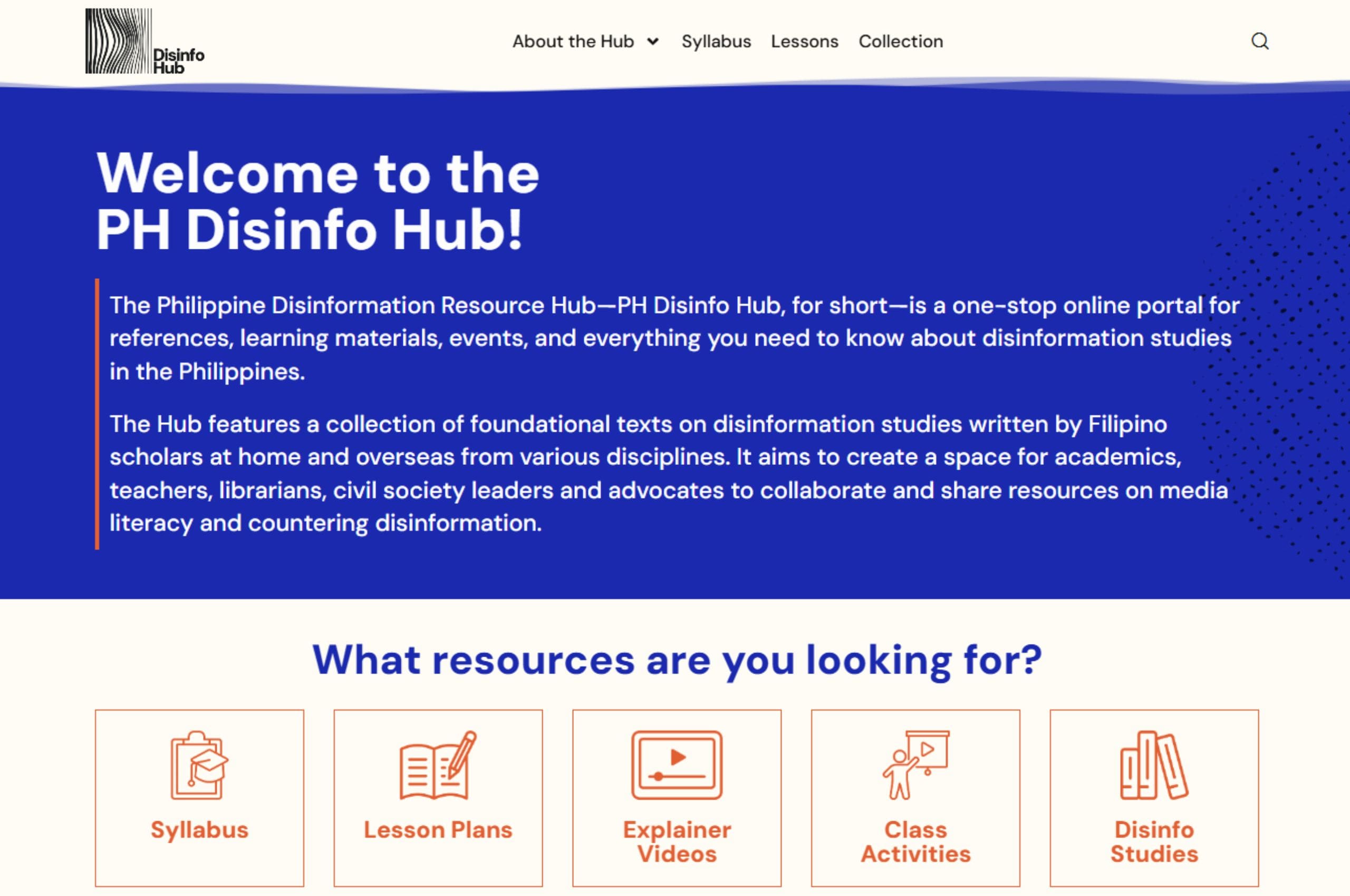 The Philippine Disinformation Hub's welcom page is blue and includes buttons for resources like a syllabus, lesson plans, explainer videos, class activities, and disinformation studies