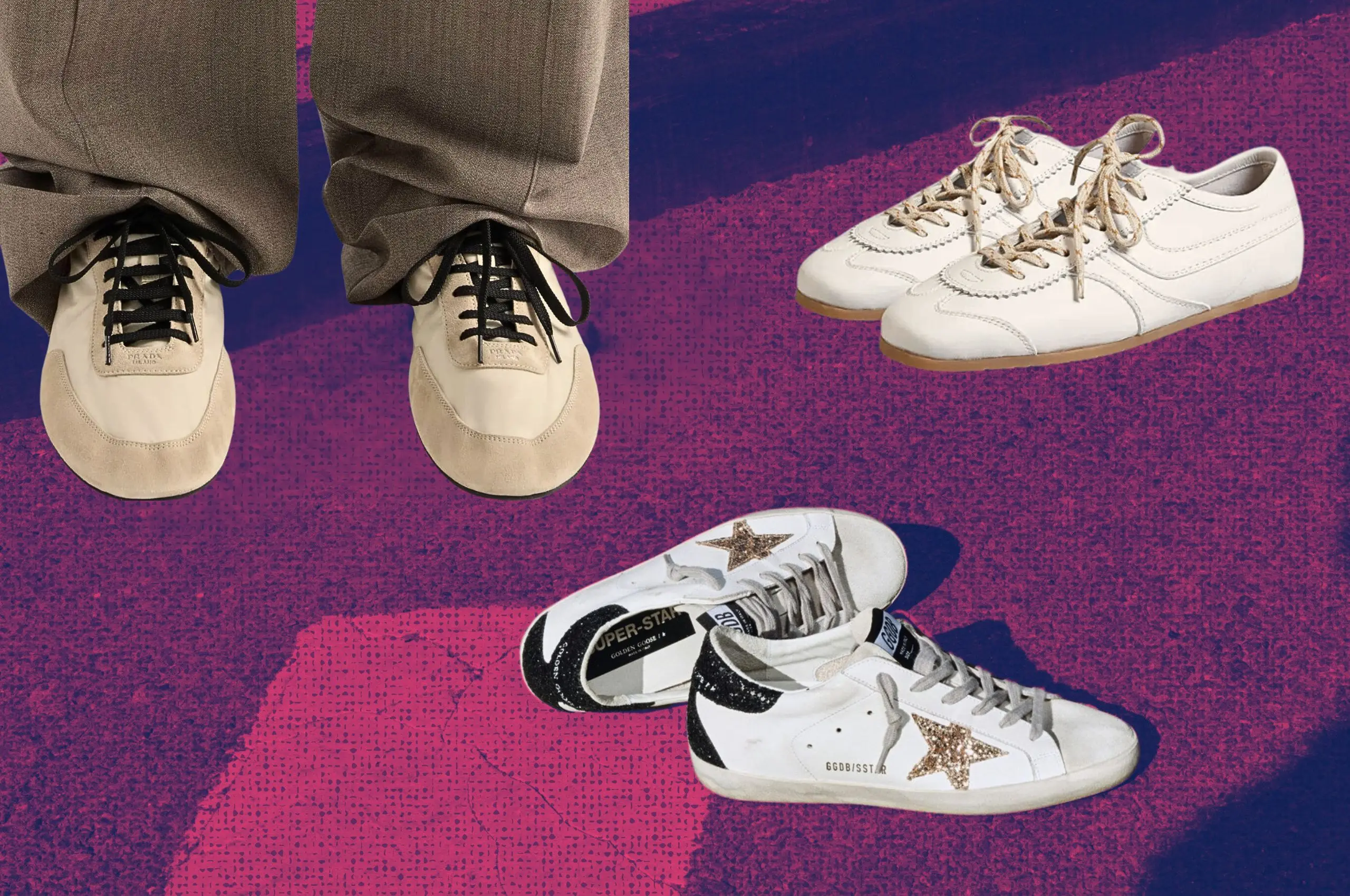 white sneakers golden goose dries van noten prada