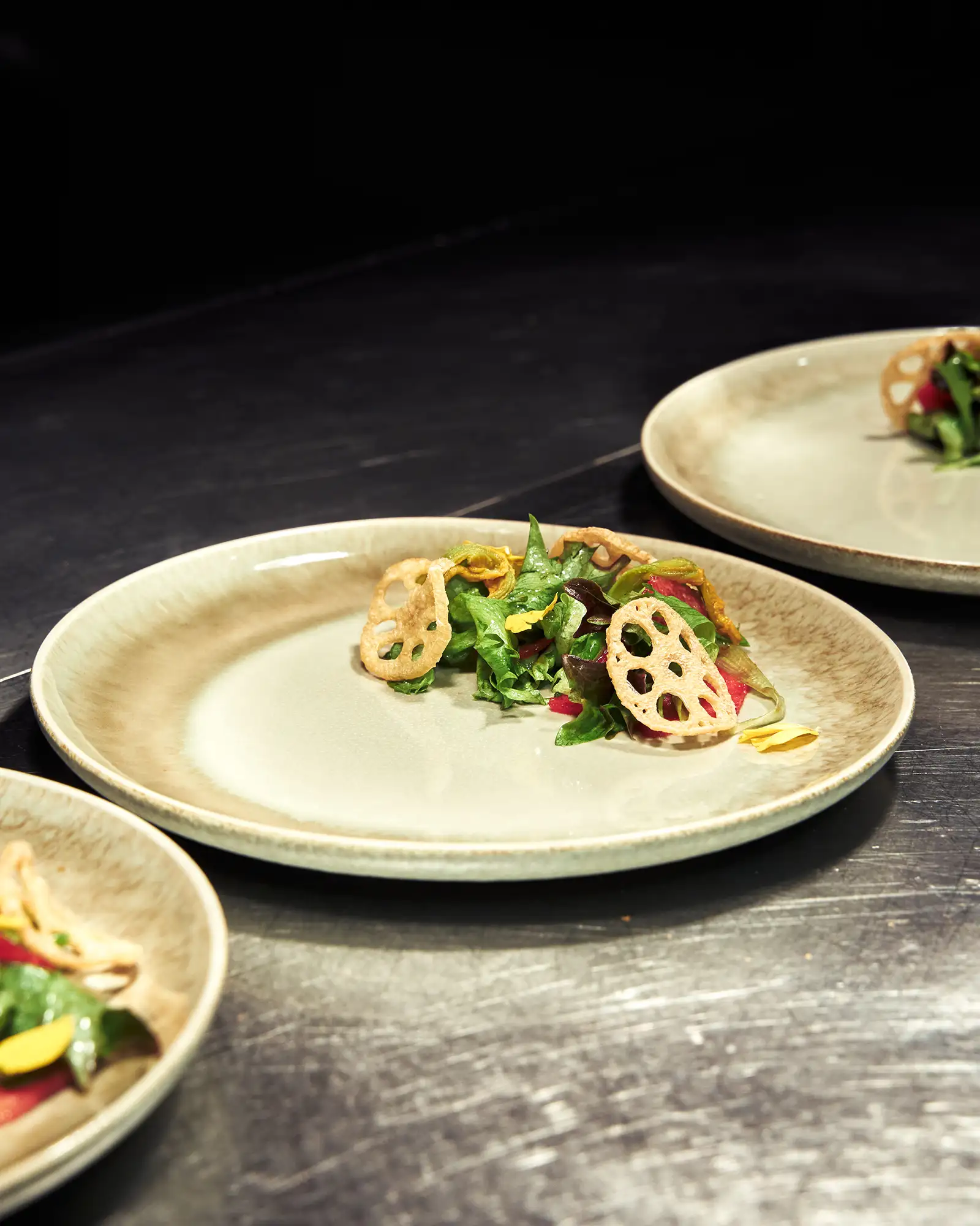 Oakleaf, mizuna, ginger ponzu, lotus chips, pear hibiscus pickle