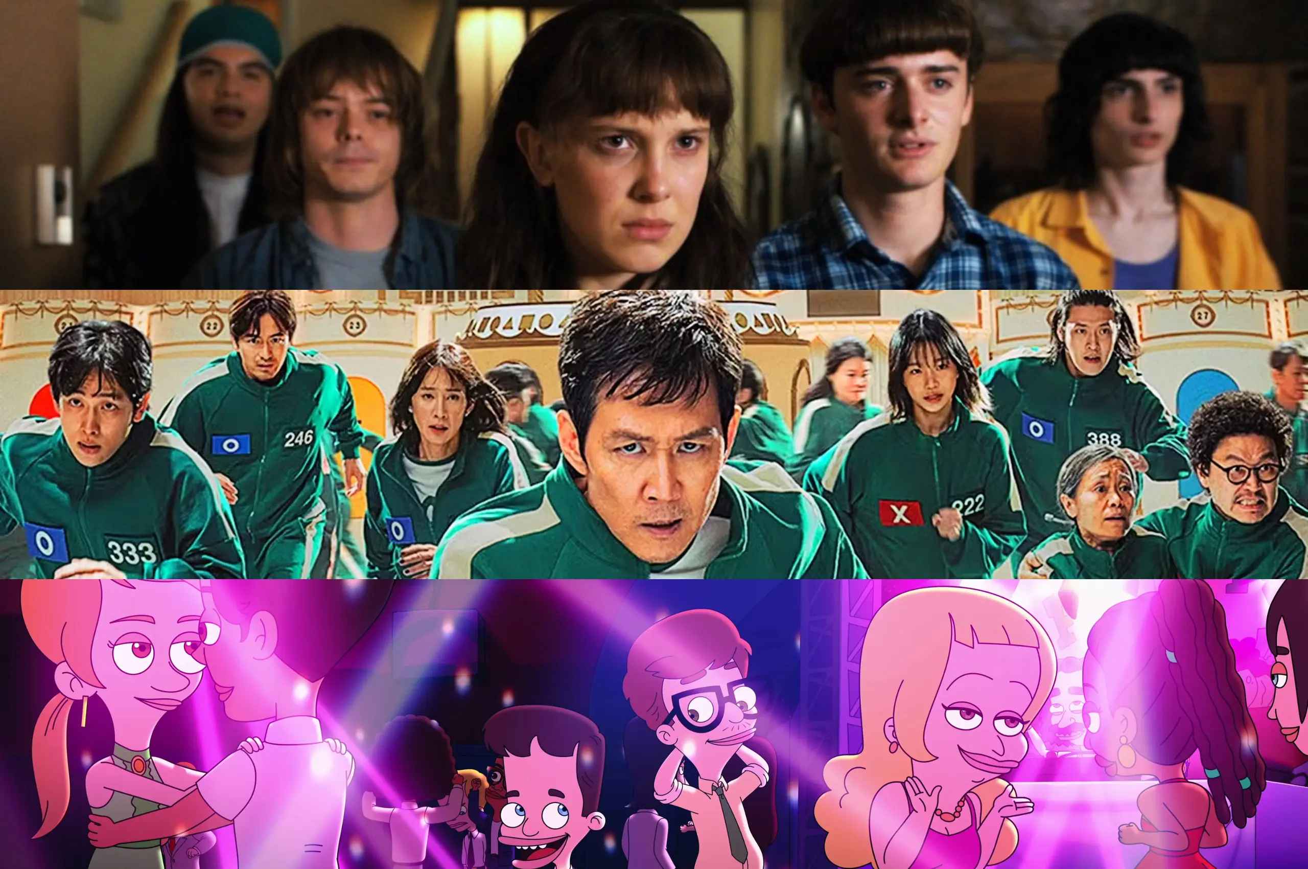 stranger things, squid game, and big mouth netflix