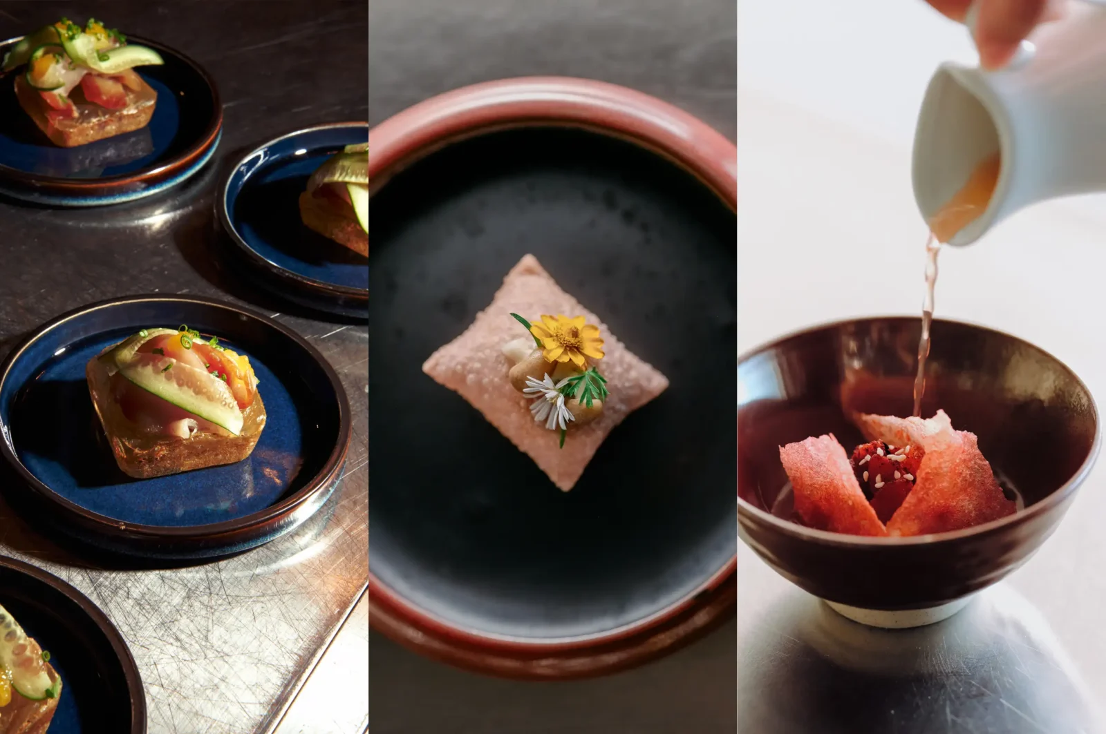 swordfish crudo on dashi crystal bread, pillow pasta, strawberry hiyayakko