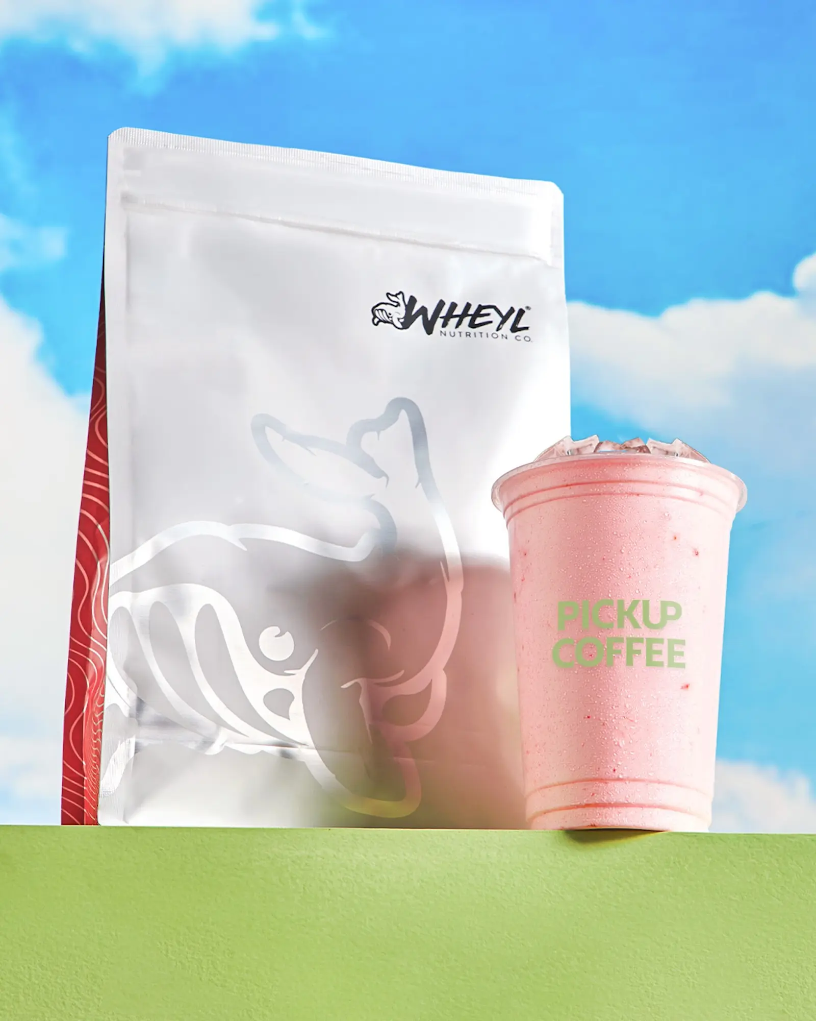 PICKUP COFFEE's iced protein strawberry beverage.