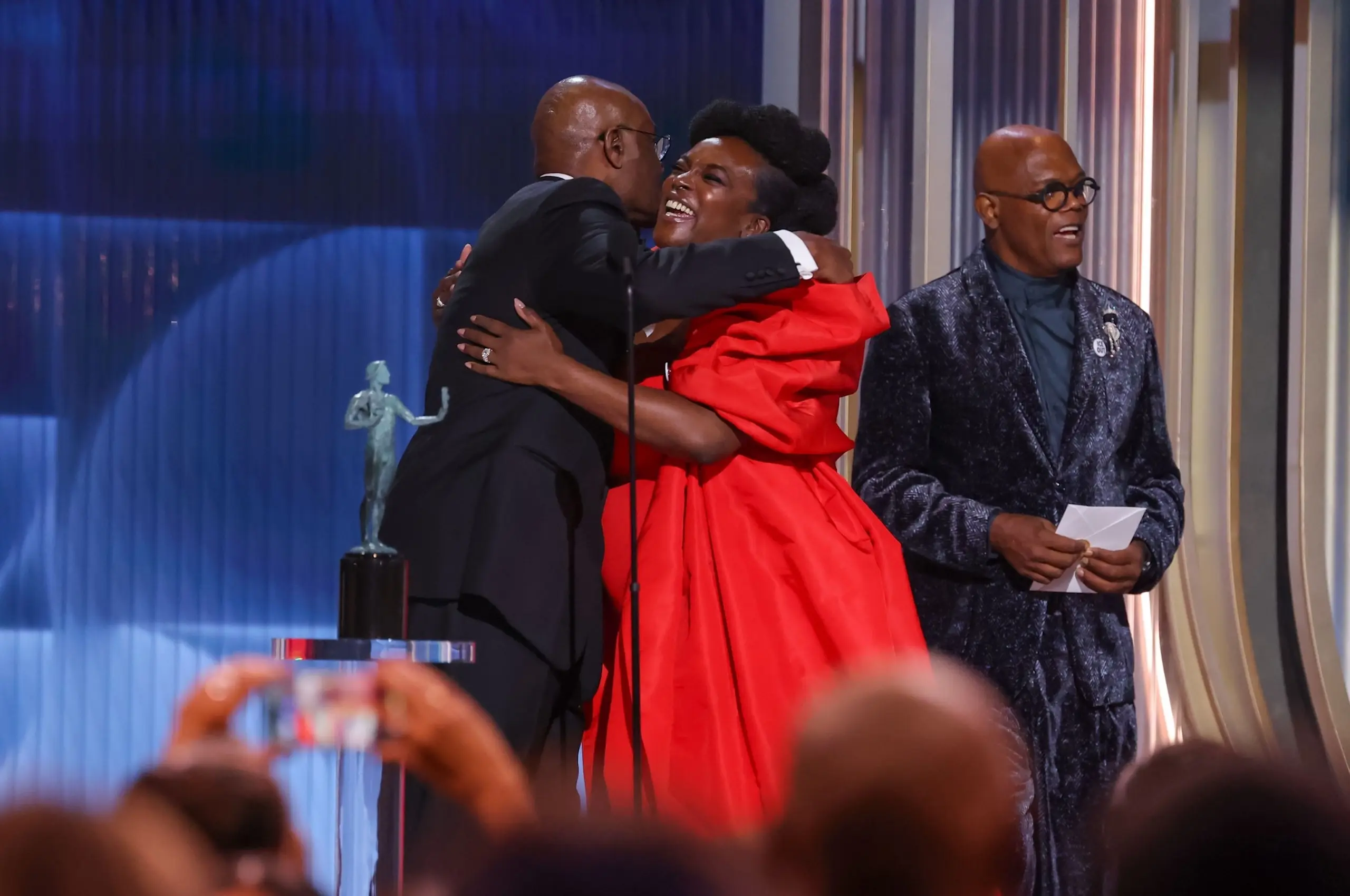 Sinners' Delroy Lindo and Wunmi Mosaku onstage with Samuel L. Jackson