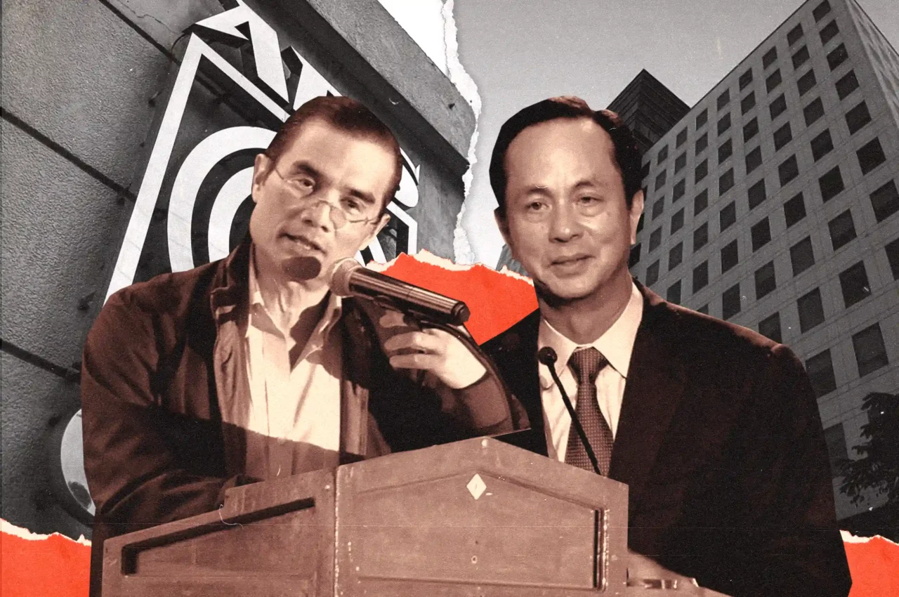 Two men in suits stand at a wooden podium with microphones during a split-collage presentation backdrop.
