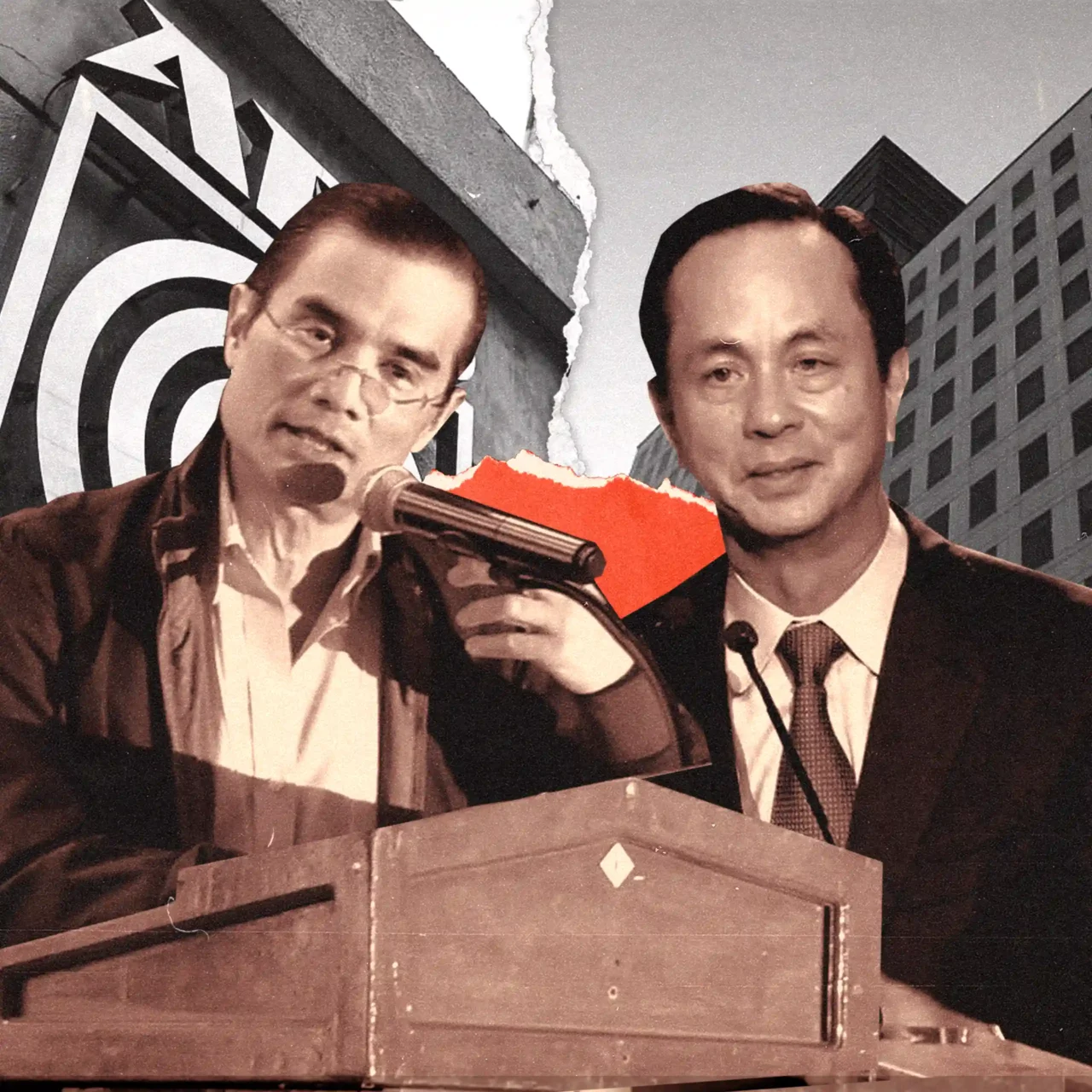 Two men in suits stand at a wooden podium with microphones during a split-collage presentation backdrop.