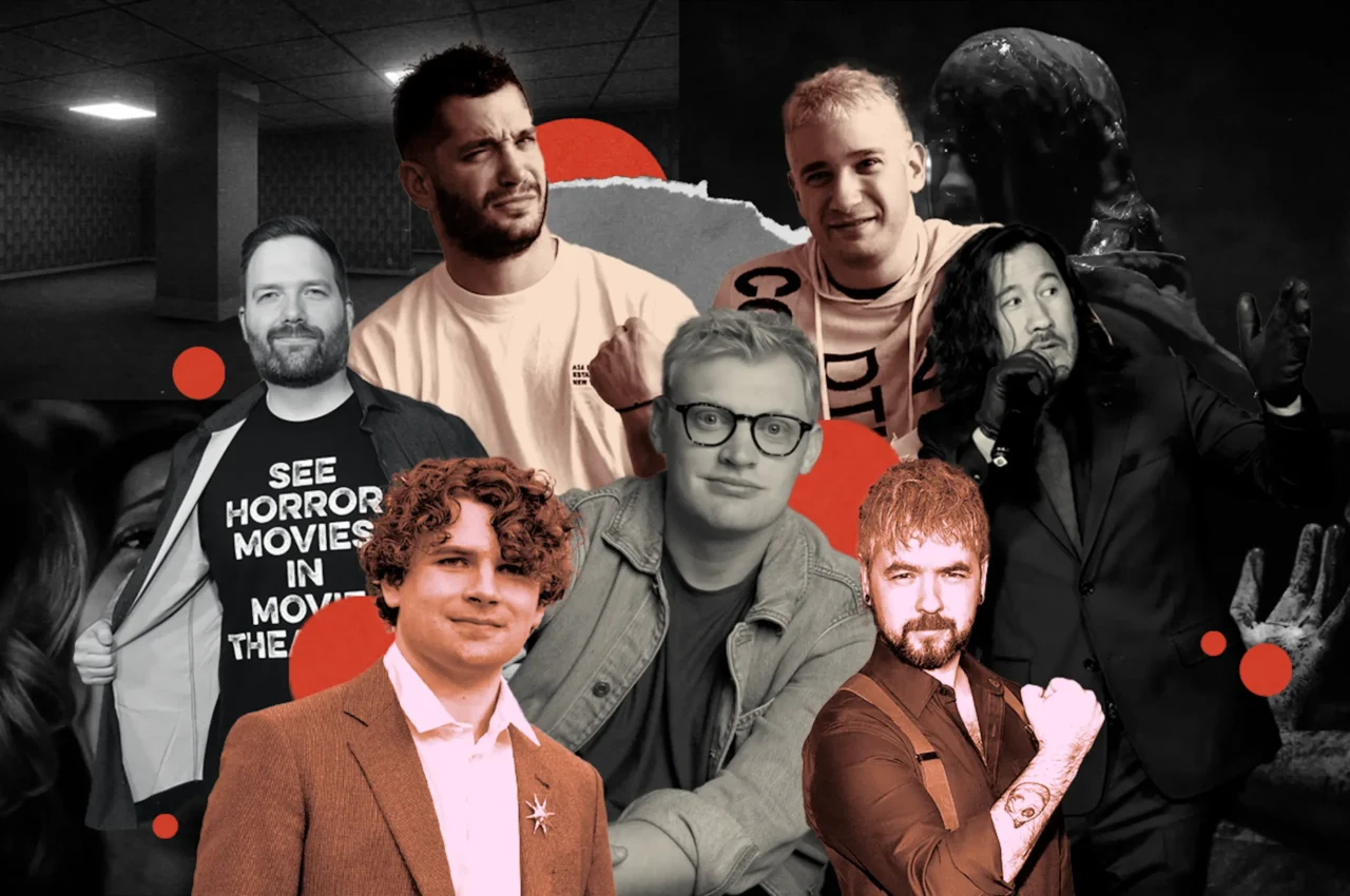 A collage of people in grayscale on a dark background with orange circular accents, conveying a horror movie theme.