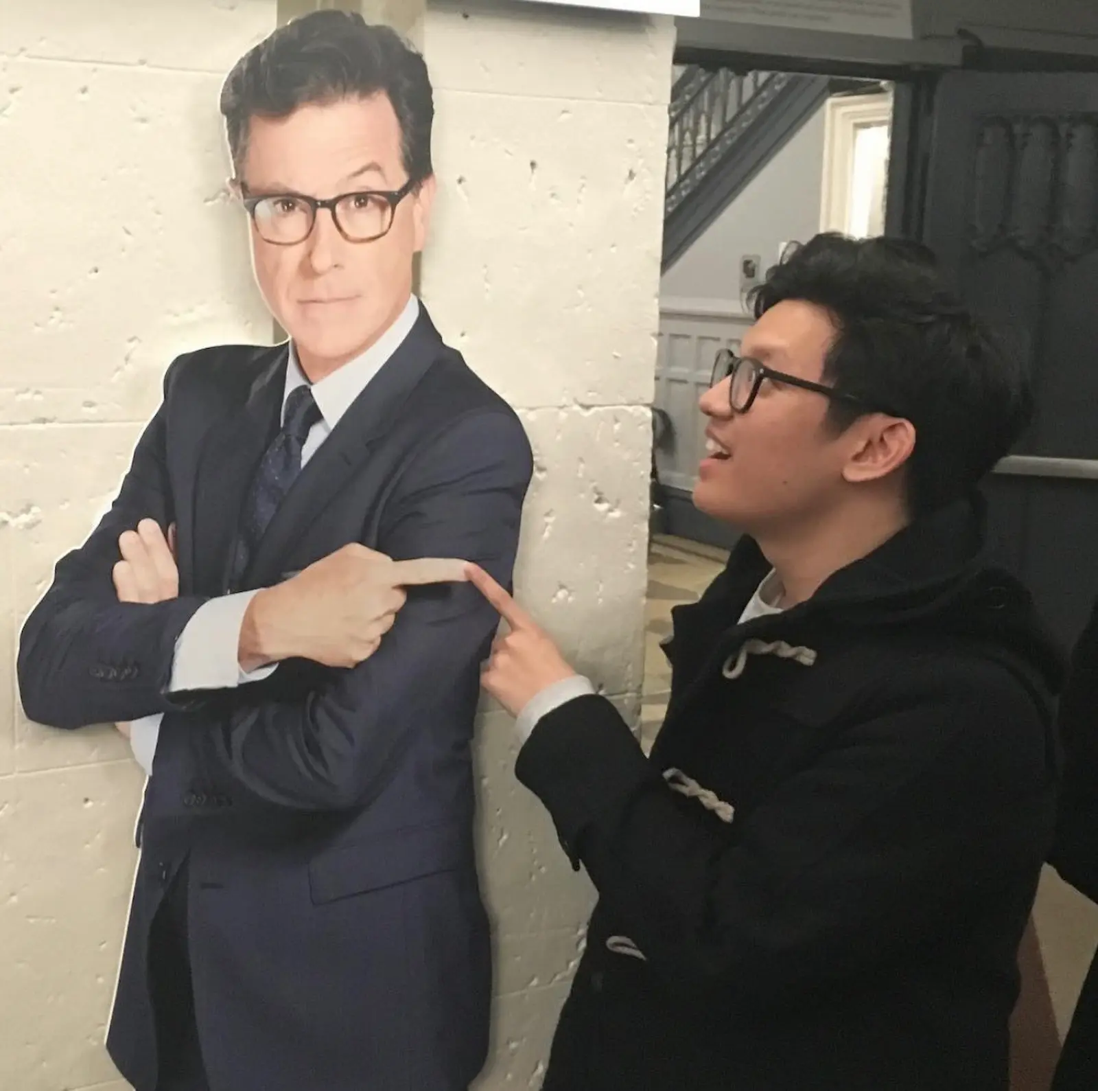 A young Jonty Cruz at a taping of The Late Show with Stephen Colbert in 2016, posing with a standee of the show's host