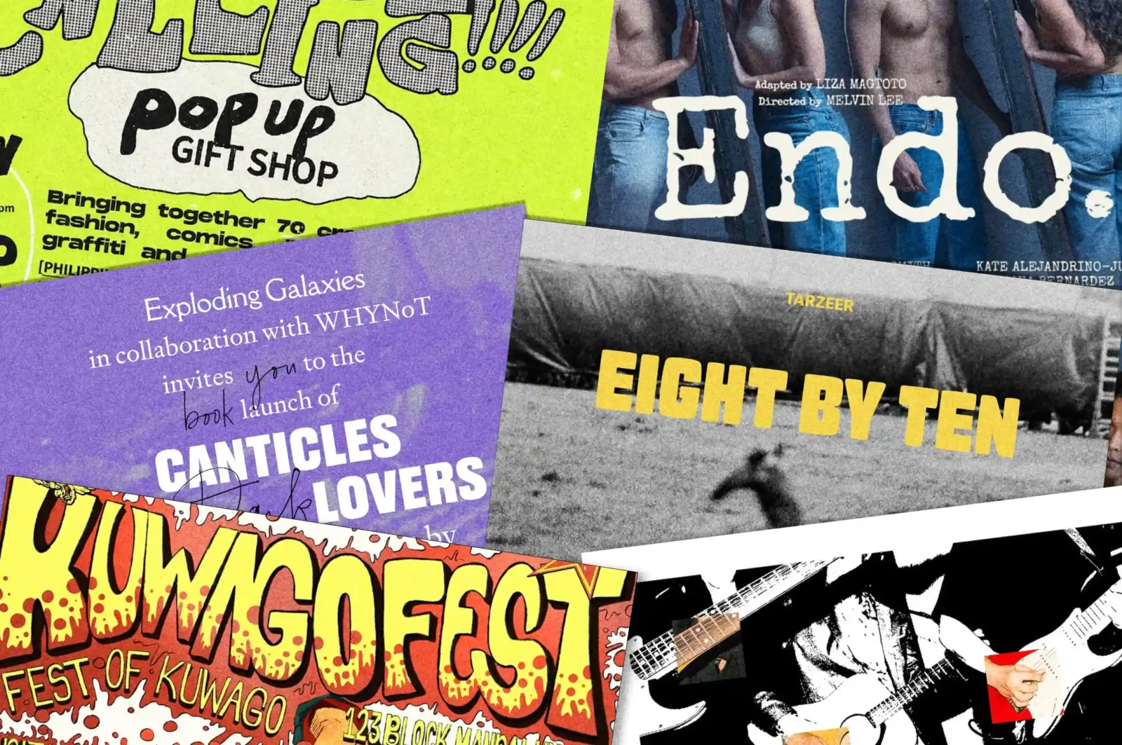 Collage of overlapping colorful posters advertising events, gifts, and performances with bold typography and graphics.