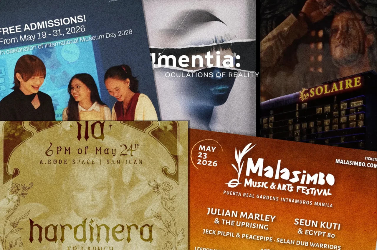 A collage of overlapping, colorful event posters with bold typography and various graphics.