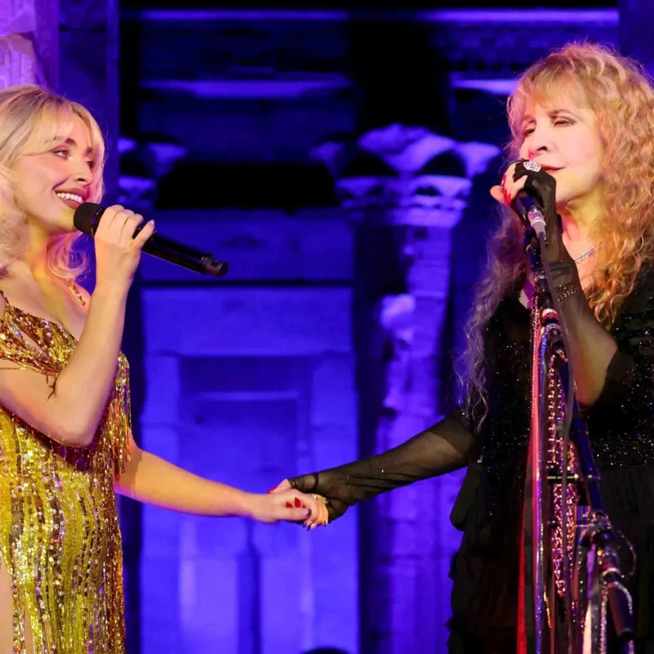 Sabrina Carpenter and Stevie Nicks perform onstage during the 2026 Met Gala .