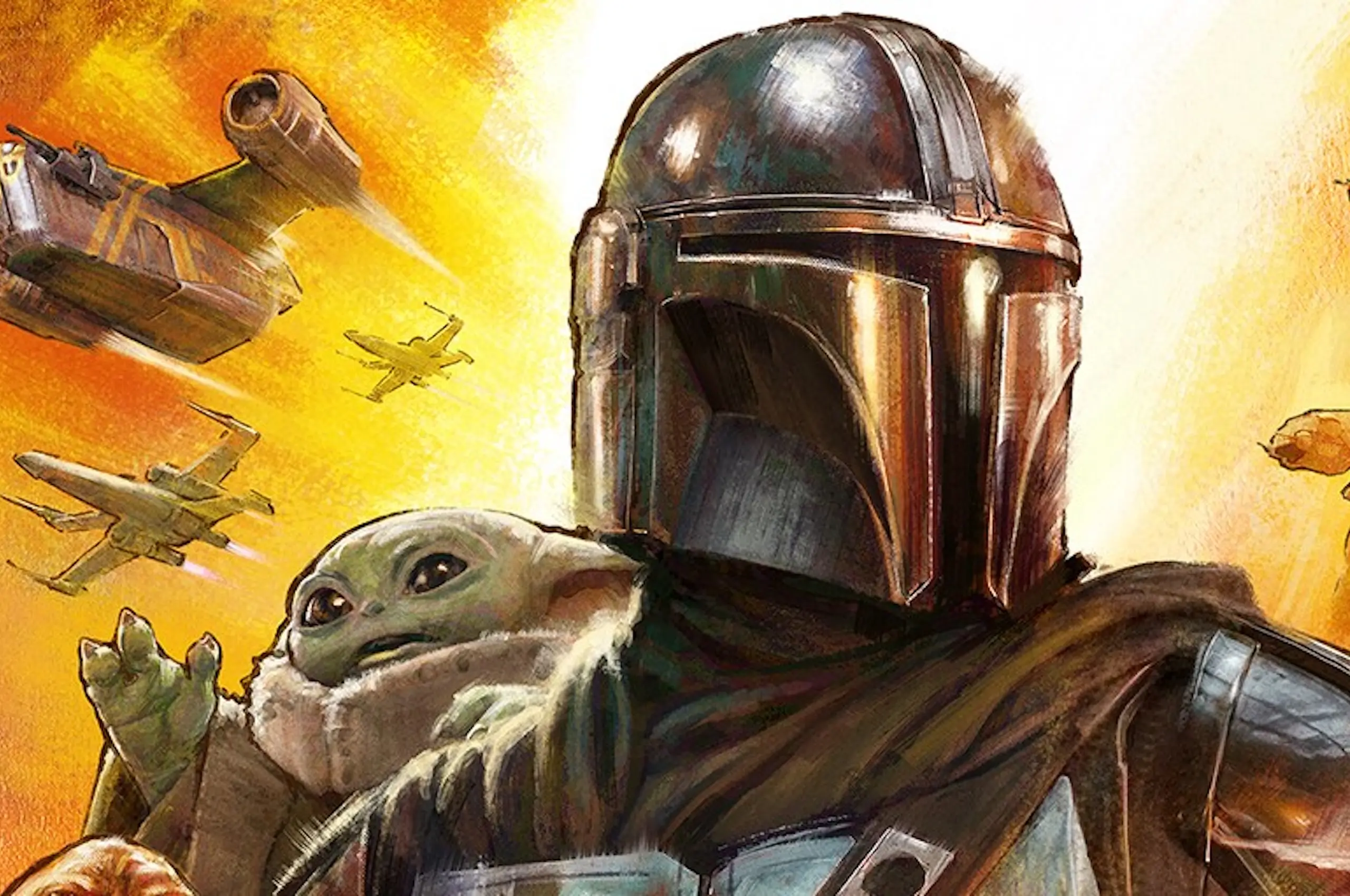 Mandalorian helmet with Grogu in the foreground, set against an orange space-battle backdrop with fighter ships.