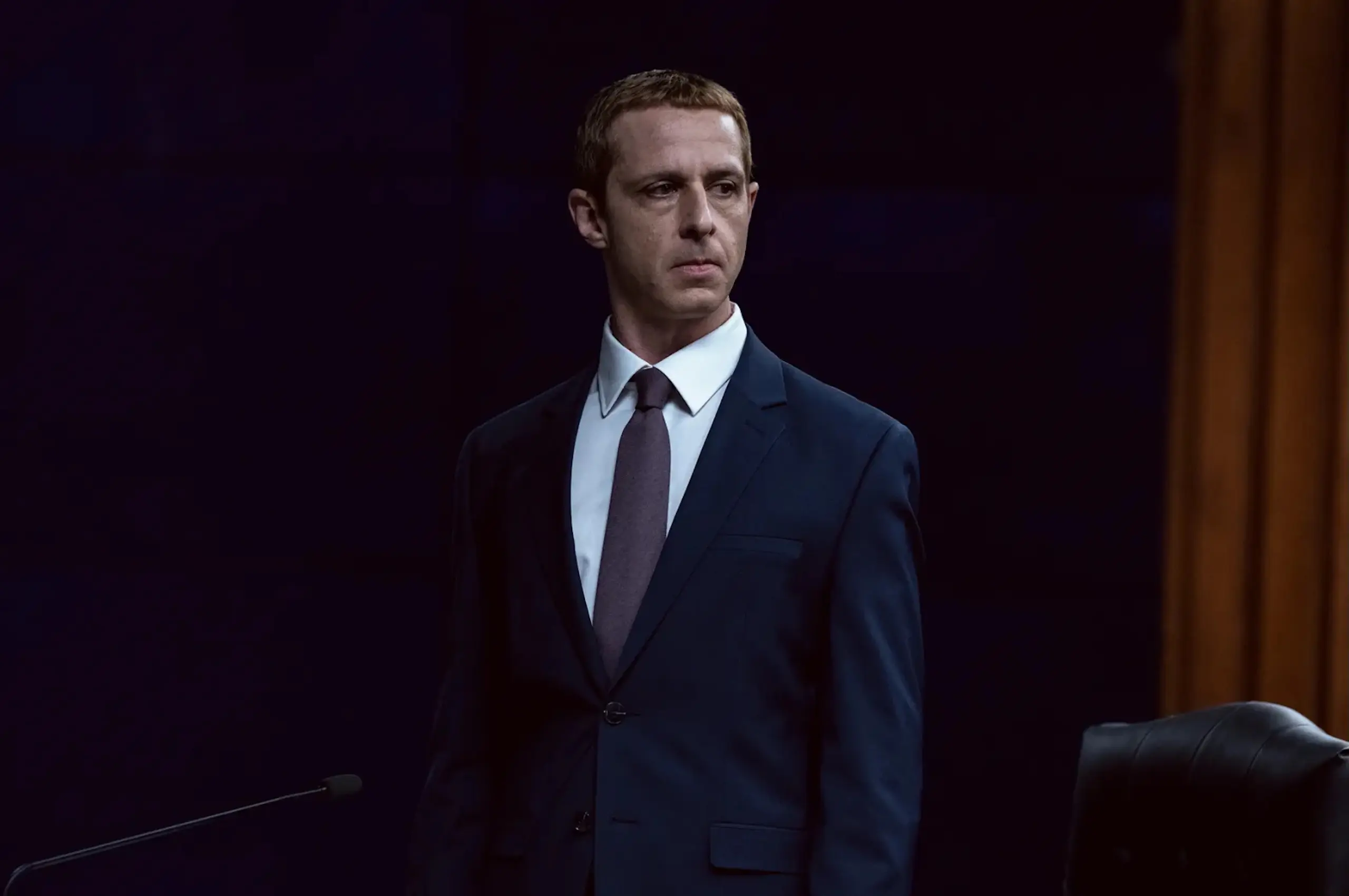 Mark Zuckerberg (Jeremy Strong) in Columbia Pictures’ The Social Reckoning. Photo from Leah Gallo/Sony Pictures