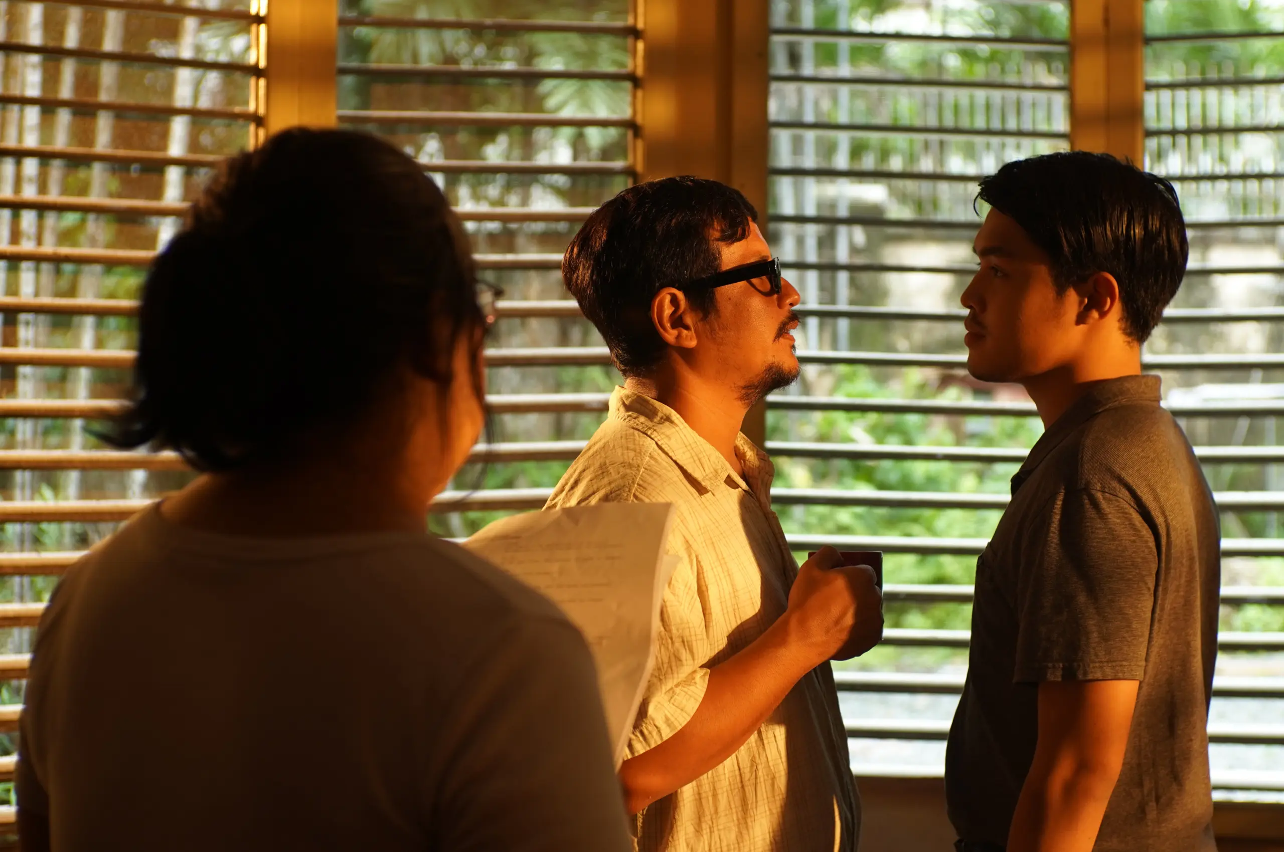director katski flores on set of edjop with elijah canlas and yan yuzon