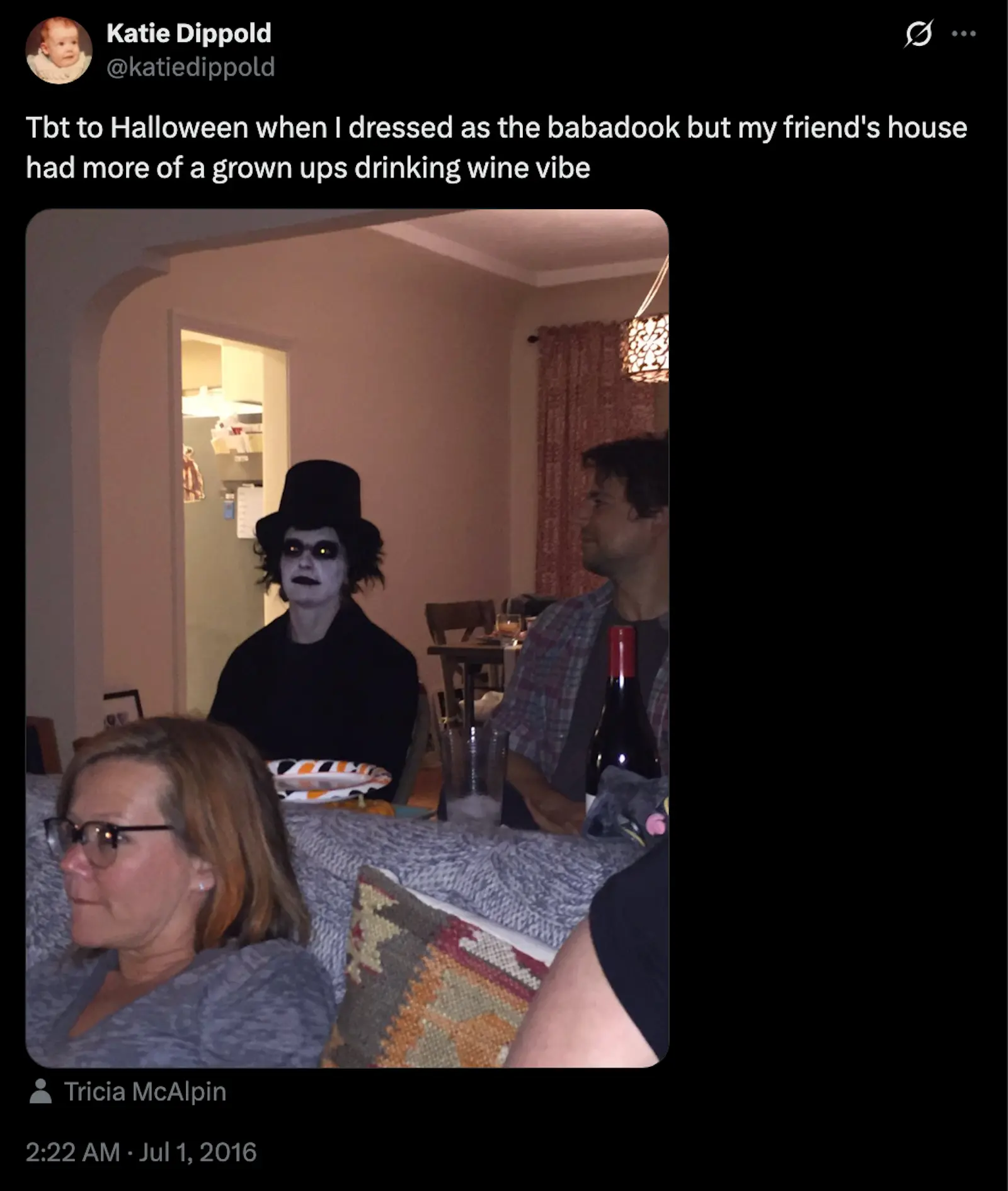 katie dippold tweet: Tbt to Halloween when I dressed as the babadook but my friend's house had more of a grown ups drinking wine vibe